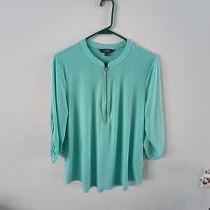 Company Ellen Tracy Aqua Zip Neck Blouse Roll Tab Sleeve Stretch Top L